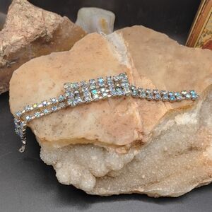 Vintage Aurora Borealis Silver Tone and Blue Crystal Rhinestone Bracelet